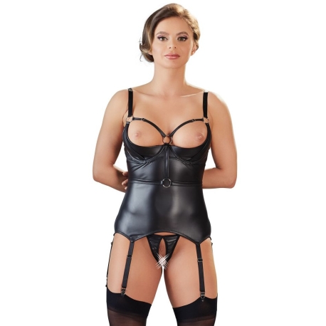 Top s podvazky a pouty na ruce + tanga s otevřeným rozkrokem - BONDAGE Cottelli Collection