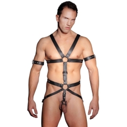 Kožený pánský postroj s kroužky na penis/varlata - ZADO