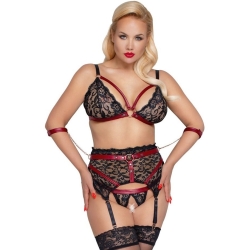 Krajková podprsenka, kalhotky a podvazkový pás s pouty - Cottelli (plus size)